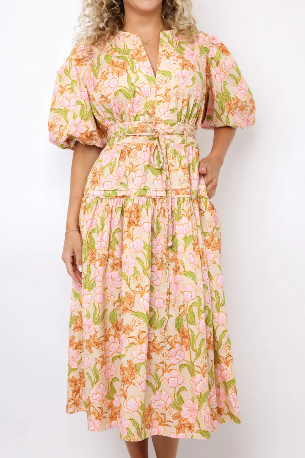 V Neck Floral Print Puff Sleeve Midi Dress