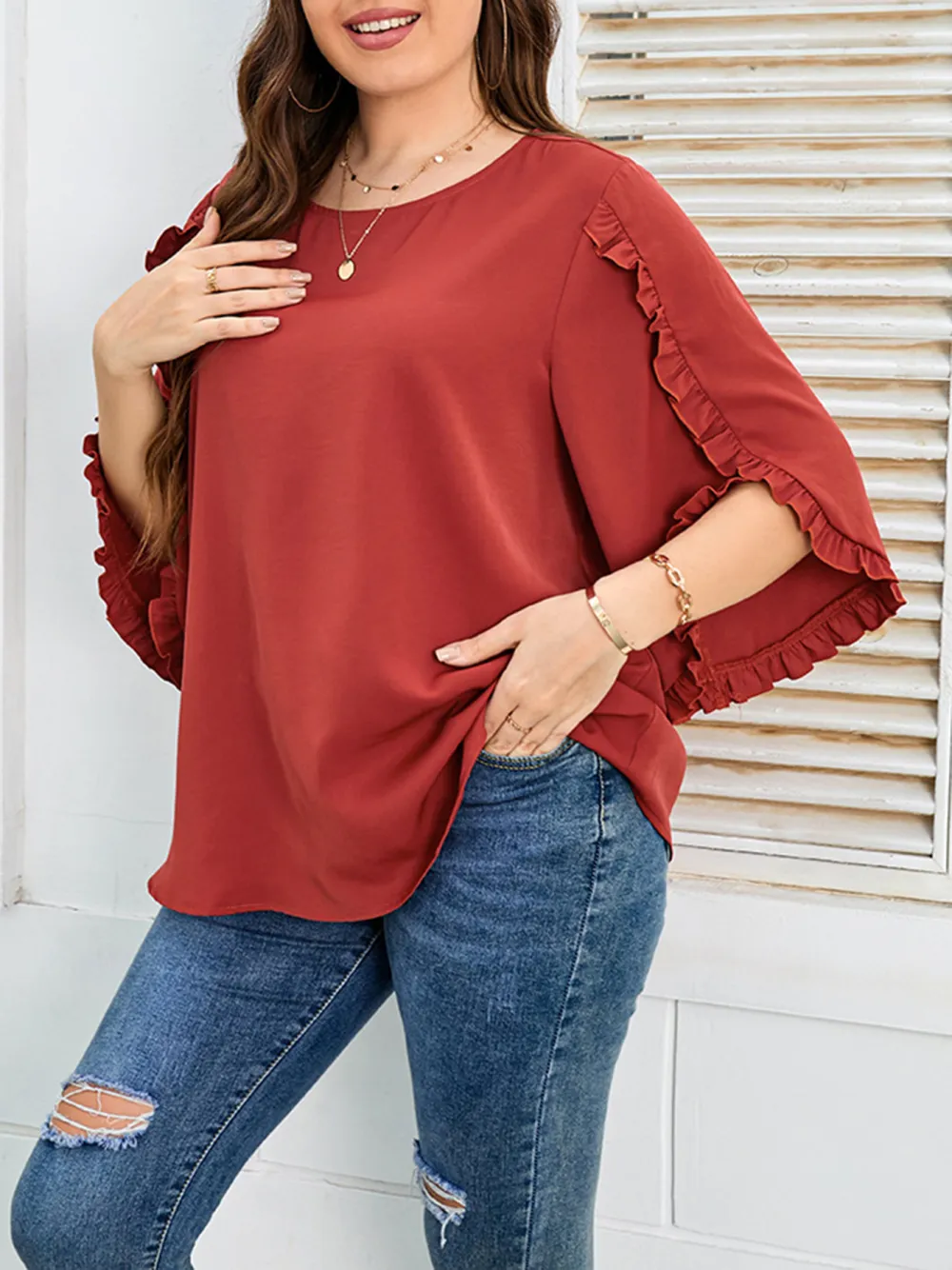 Women Casual Large Size Red Short Sleeve Loose Top