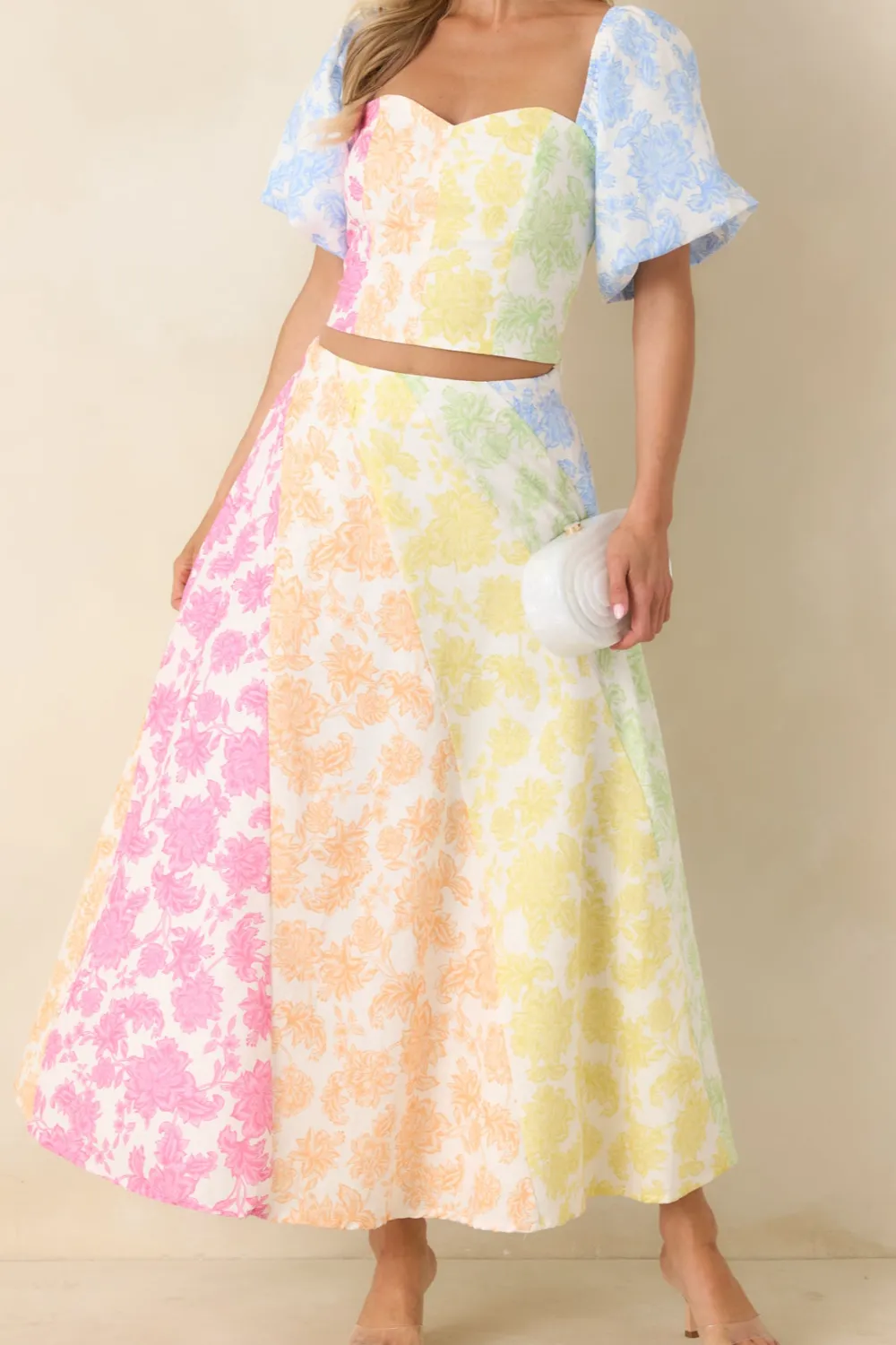 A Rainbow Multi Floral Cotton Linen Midi Skirt