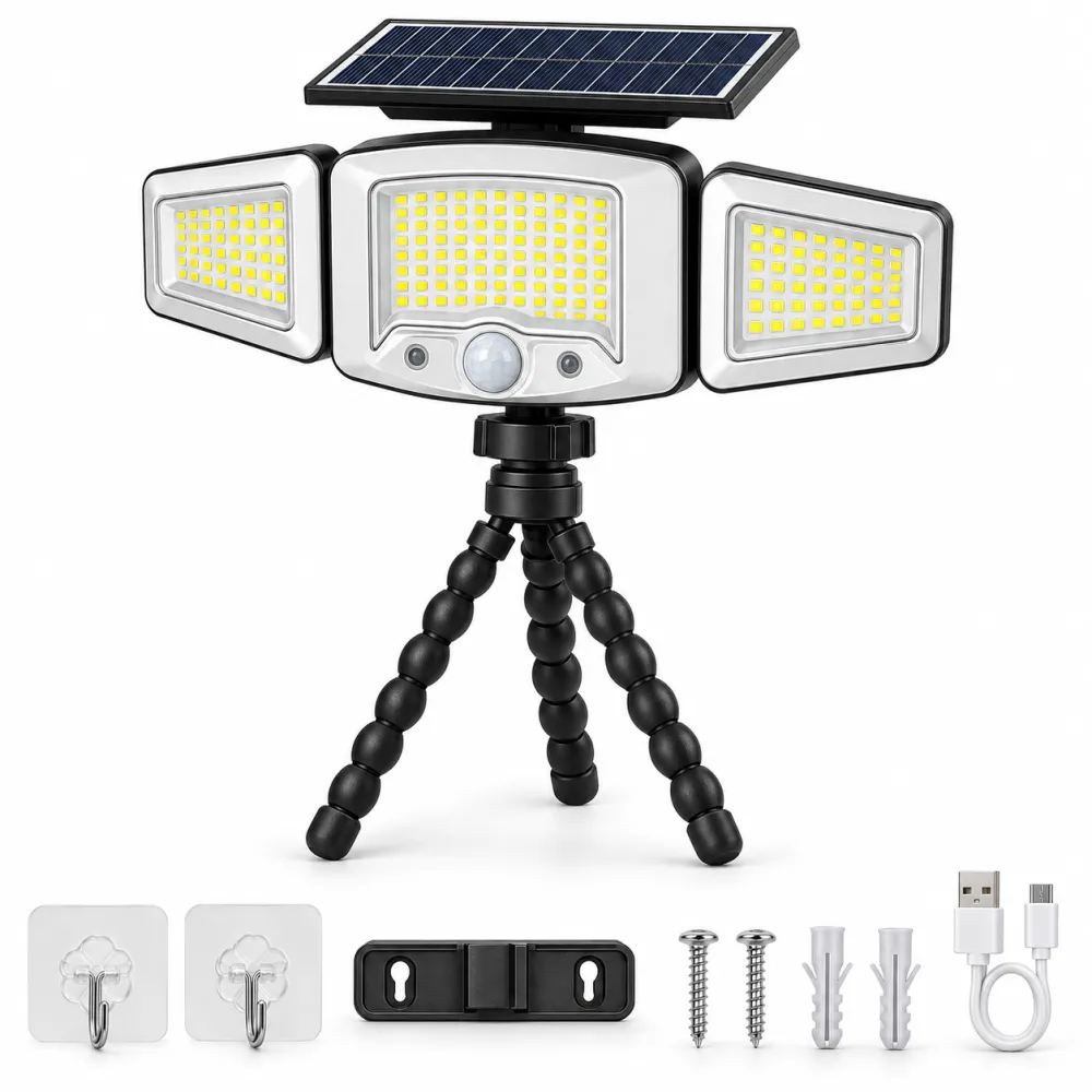 Zonne-energie lamp met 3 lampkoppen en bewegingssenso