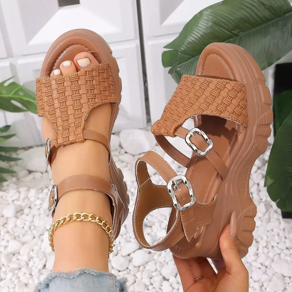 Buttoned Classic Open Toe Wedge Sandals