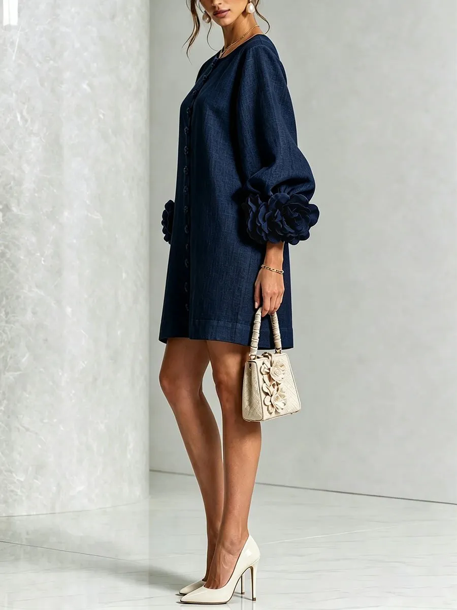 Elegant 3D Floral Button-Front Mini Dress With Striking Floral Cuffs