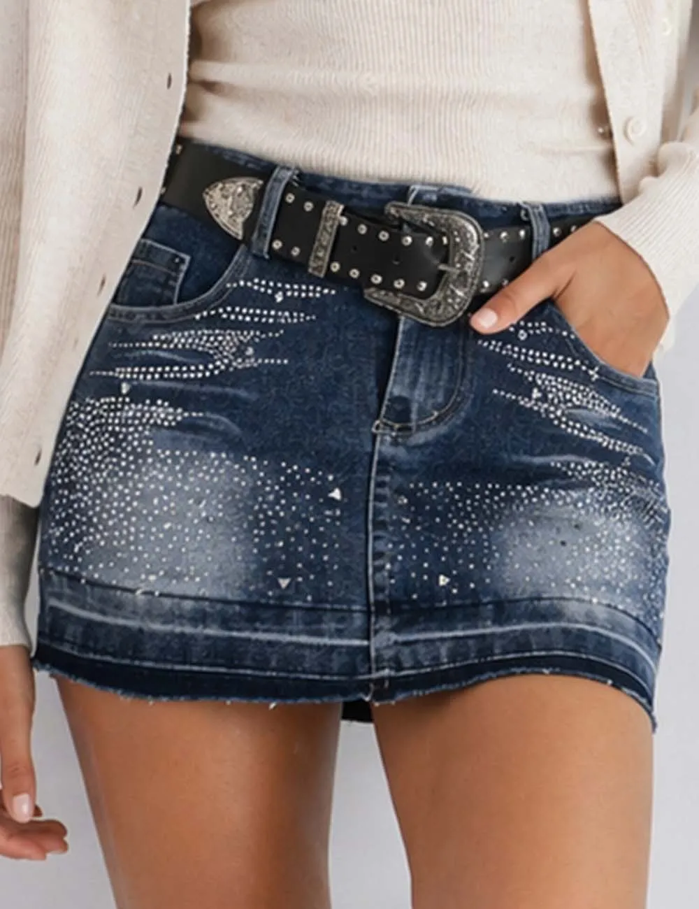 Rhinestone Raw Edge Hem Denim Skorts