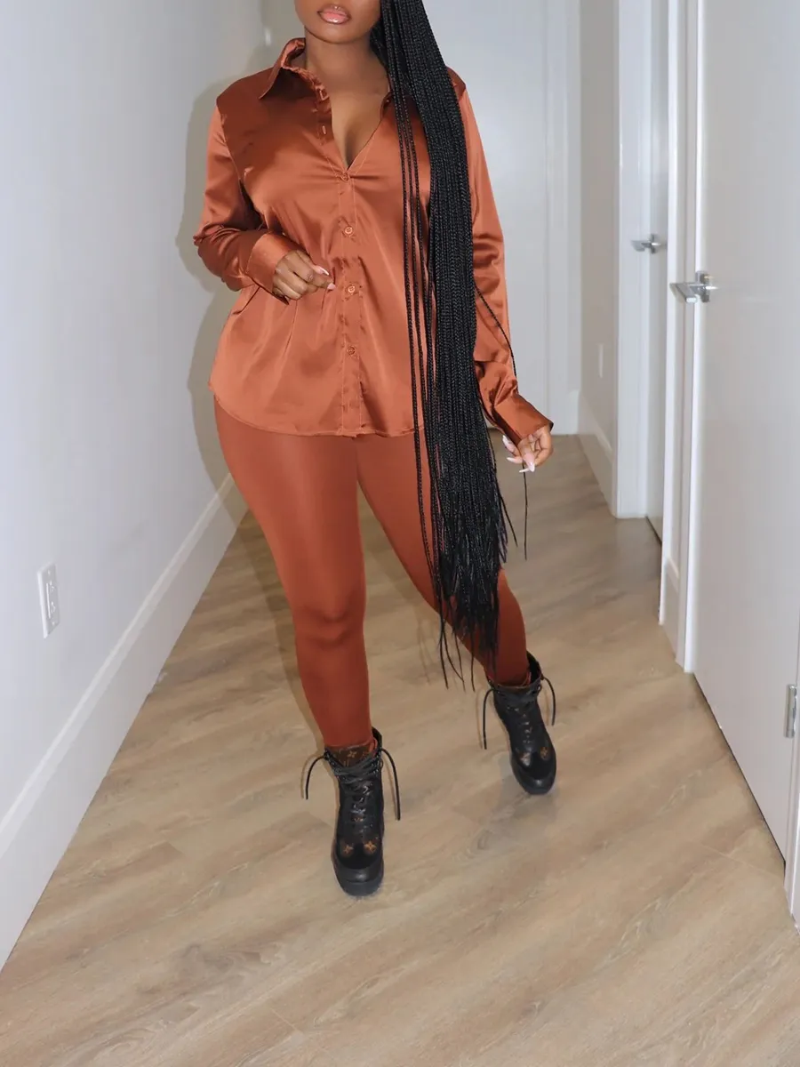 Chocolate Brown Satin Shirt Pants Set