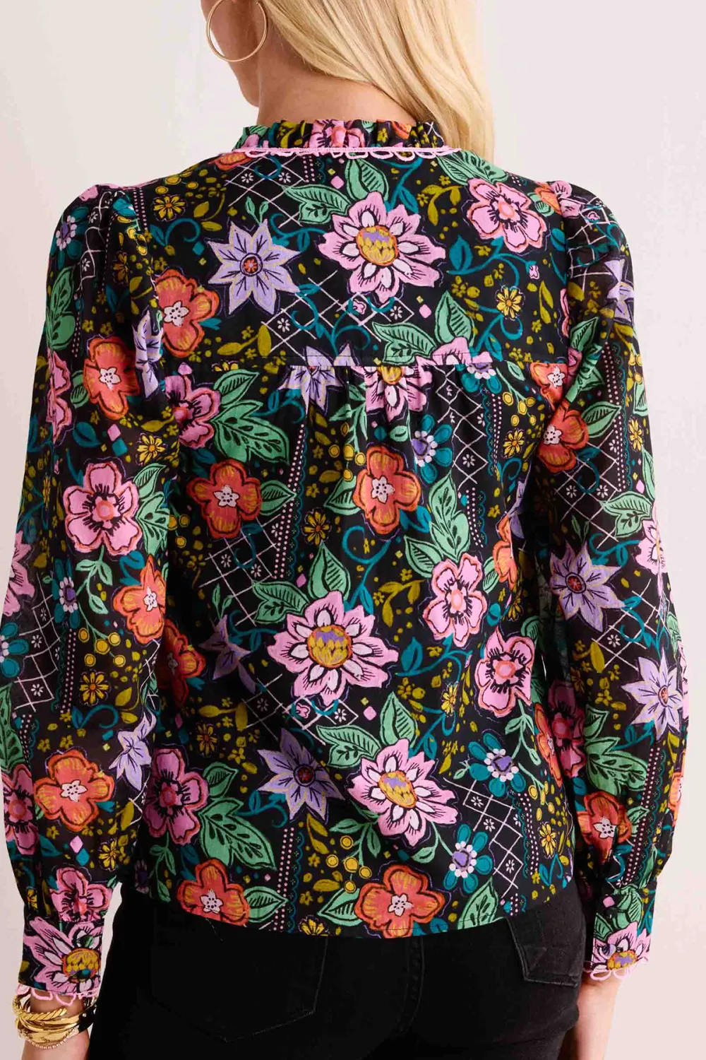 Multicolored Floral Print V-Neck Long Sleeve Blouse