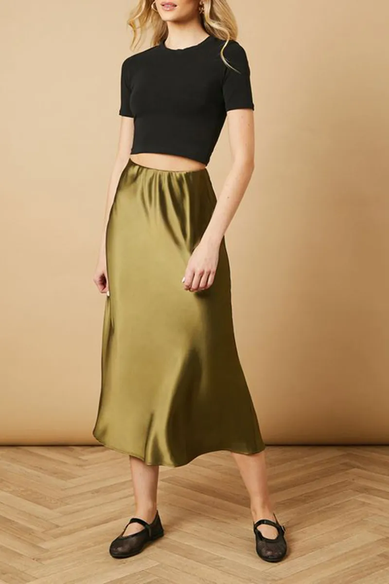 Casual Style Satin Midi Skirt