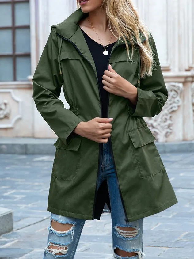 Hoodie Long Sleeve Plain Regular Loose Hooded Trench Coat For Women