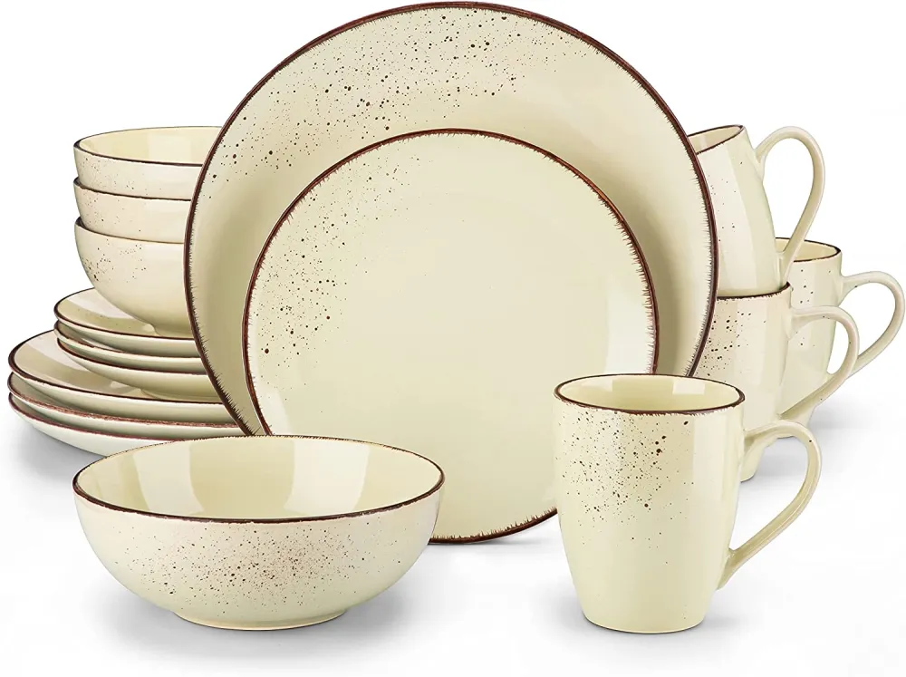 vancasso Navia Ceramic Dinnerware Set, 48 pieces Set of 12 Stoneware Spray Spot Patterned Service Dish with Dinner Plates, Salad Plates, Bowls, Mugs - Grey