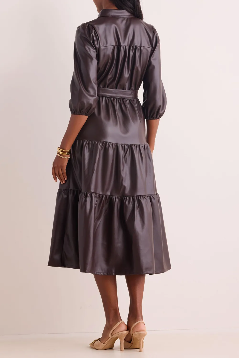 Dark Brown Faux Leather Tiered Midi Dress