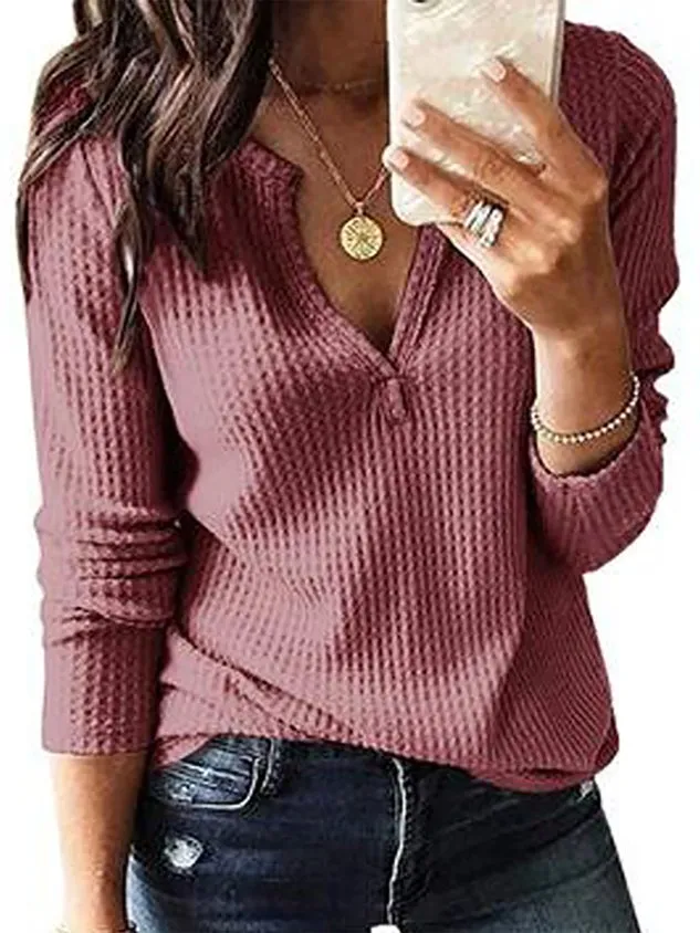 Women Plain Casual V neck Micro-Elasticity Vintage Solid Long Sleeve Top