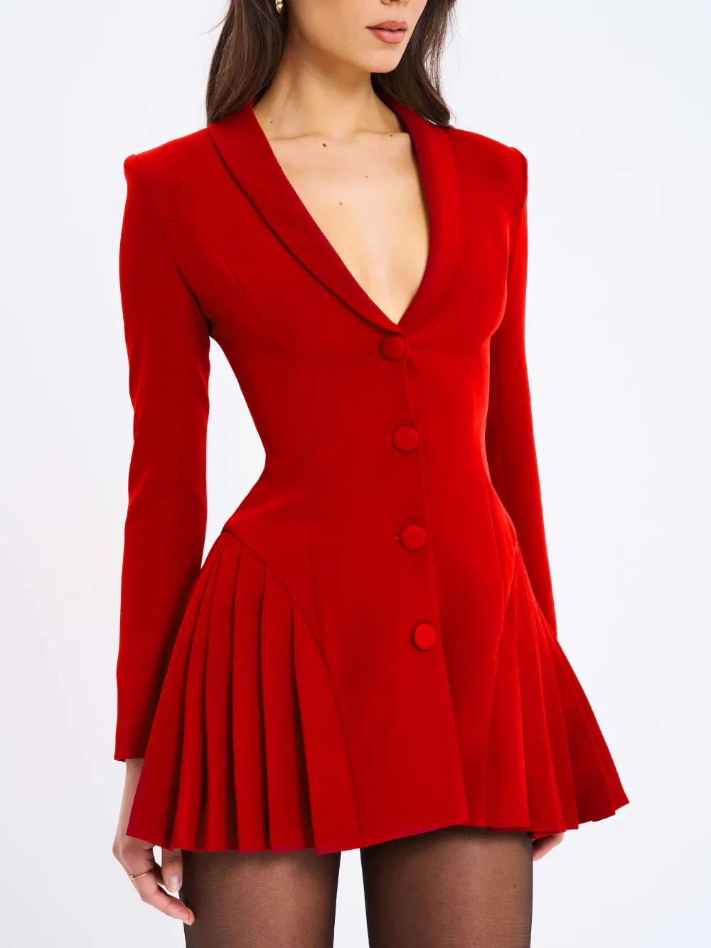 Deep Neck Pleated Elegant Mini Dress