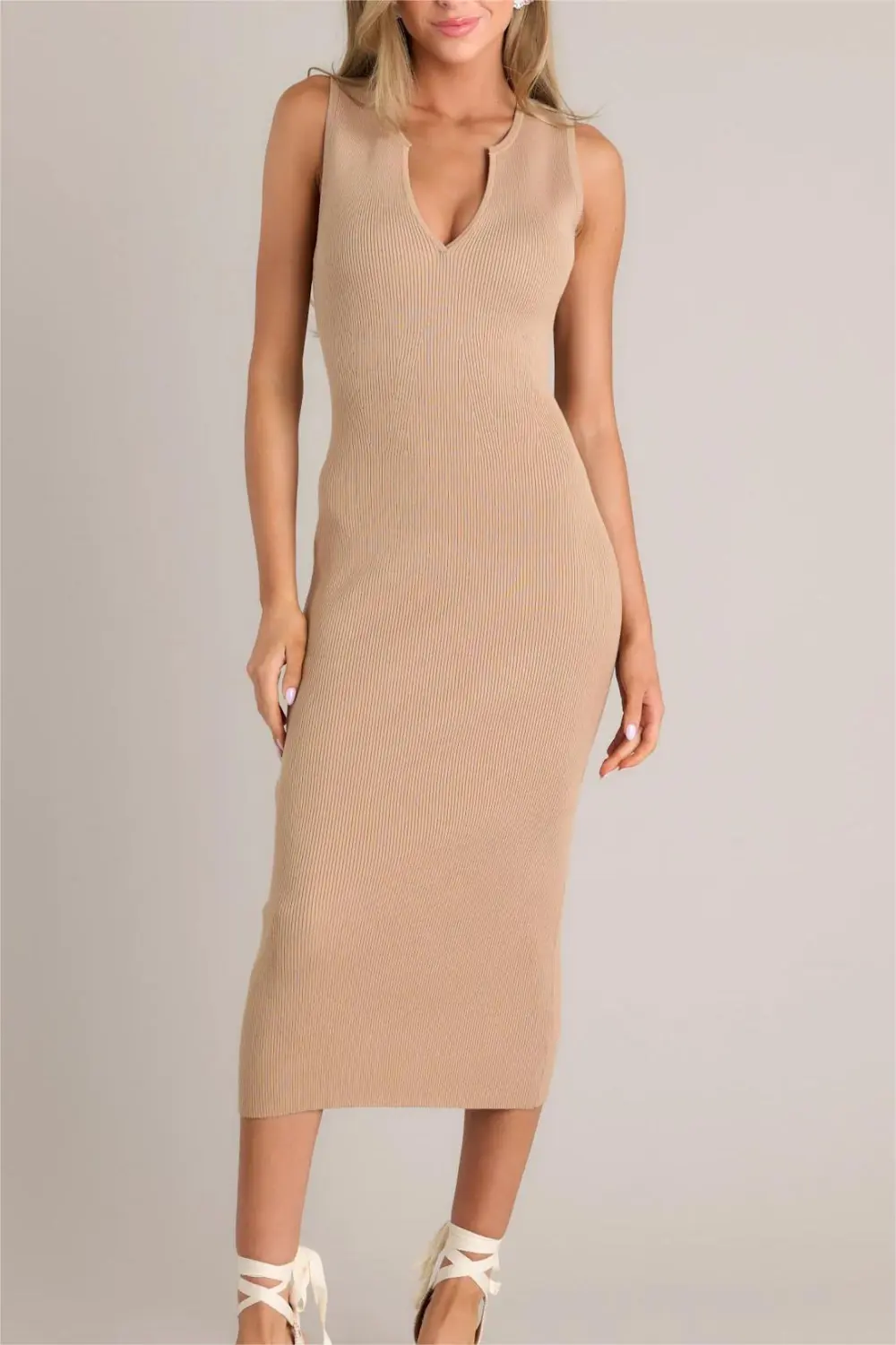 MIDNIGHT MAJESTY LIGHT BROWN RIBBED BODYCON DRESS