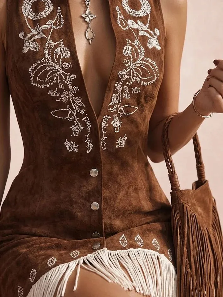 Women's West Brown Imitation Suede Embroidered Tassel Mini Dress