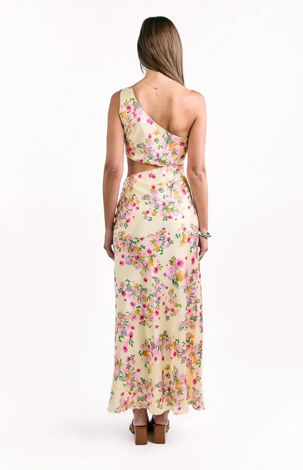 Satin Floral Flowy One Shoulder Maxi Dress