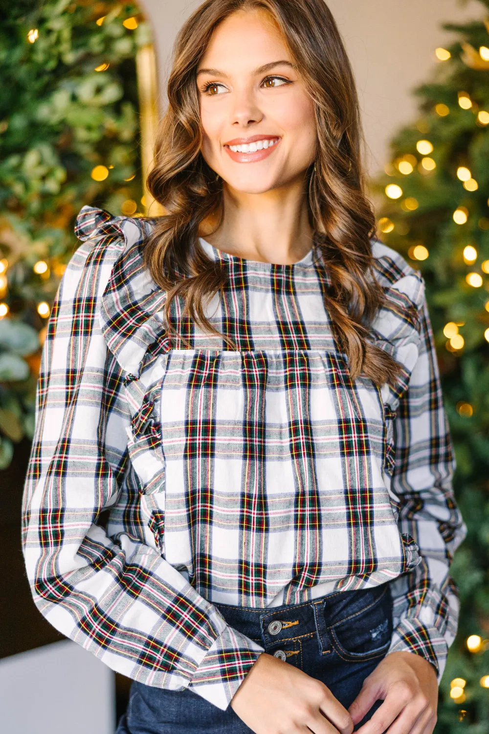 Such A Gift White Plaid Ruffled Blouse