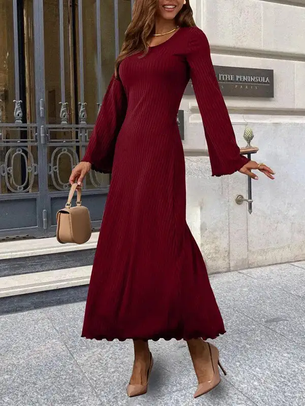 Sleeves Pleated Ruffled Long Neck Maxi Dress