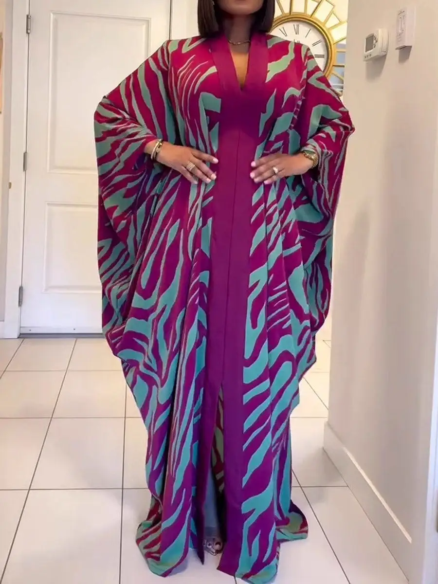 Batwing Printed Long Neck Maxi Dress