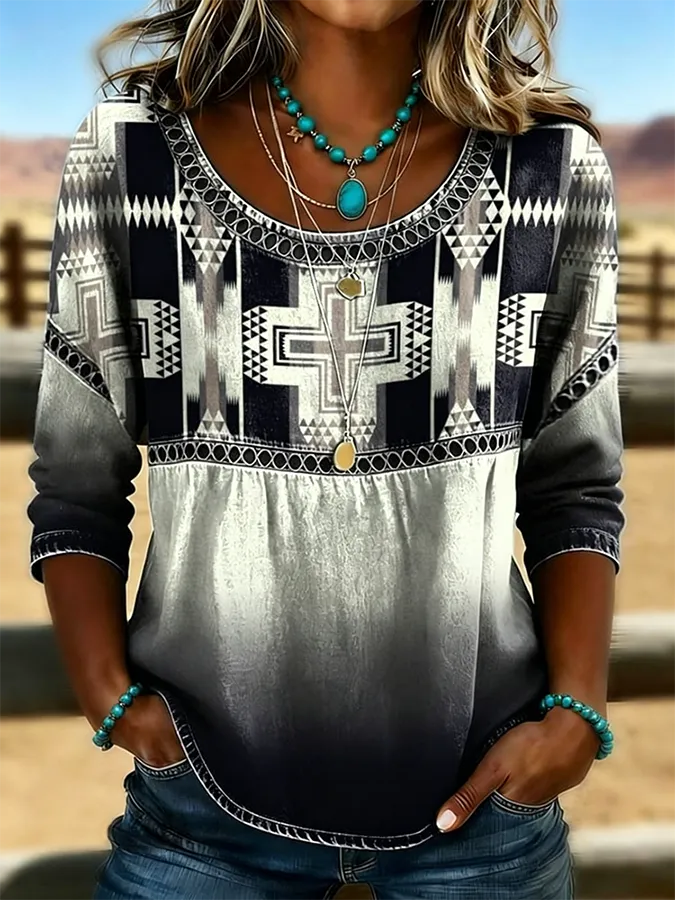 Women's Aztec Print Casual Hollow Denim Shirt