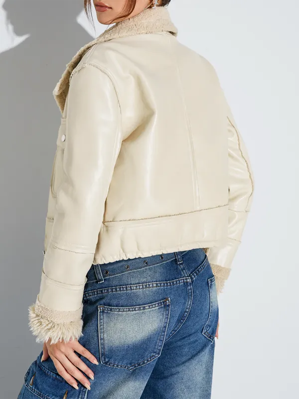 Pu Plain Pocket Shawl Collar Biker Jacket