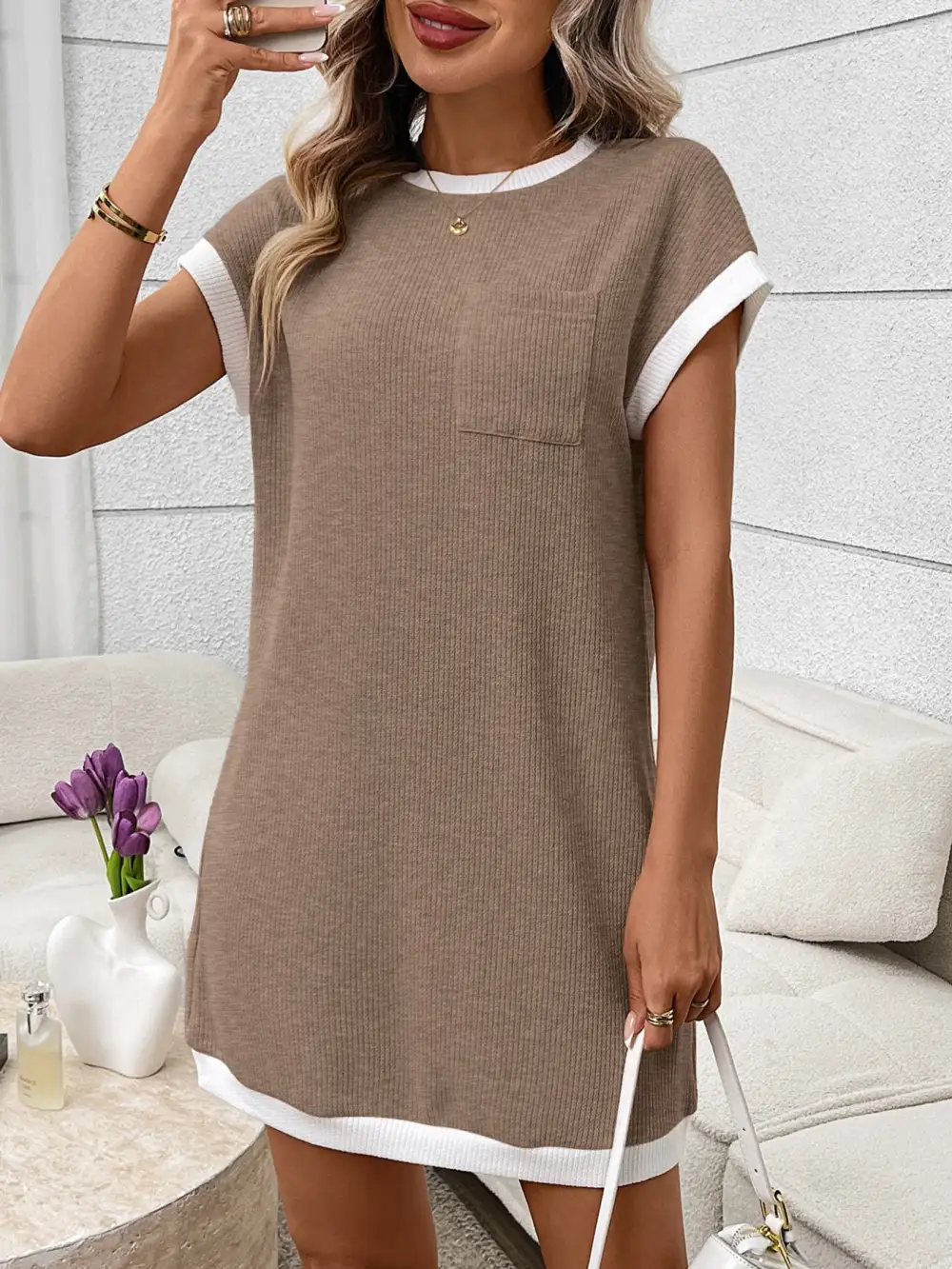Ribbed Knit Pocketed Mini Dress