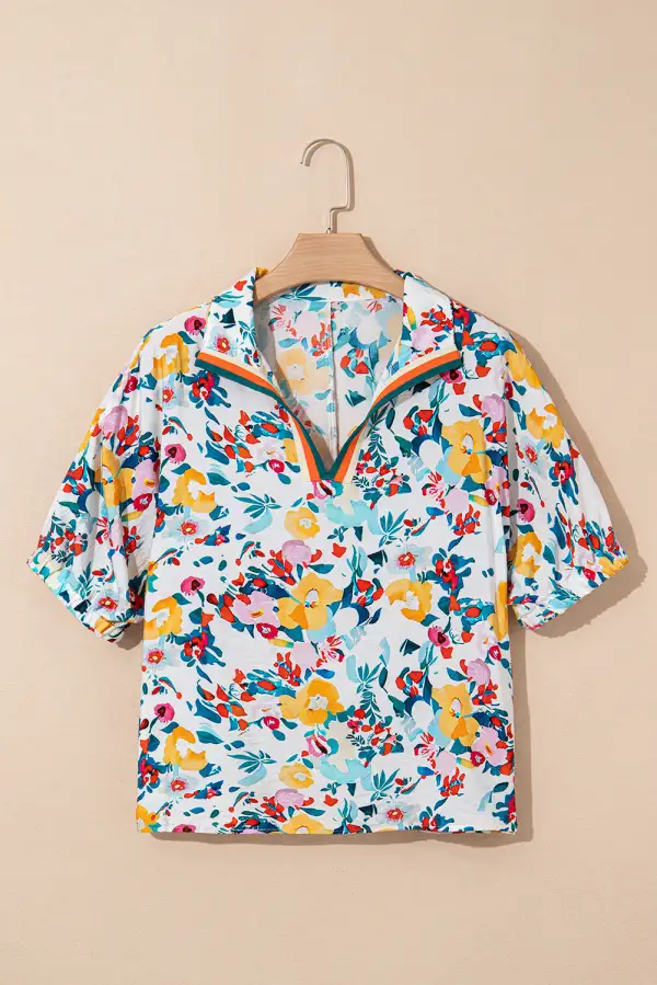 Softly Styled Floral V-Neck Short Sleeve Blouse