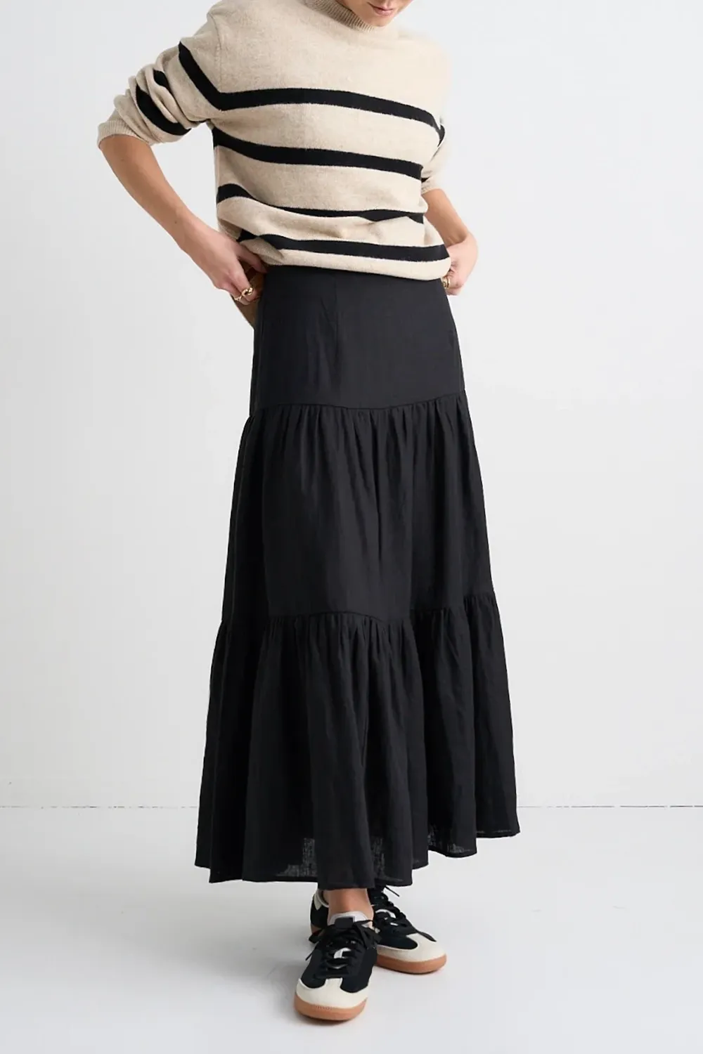 Black Tiered Linen Midi Skirt