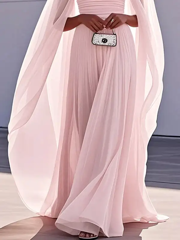 Cape Pleated Neck Maxi Dress