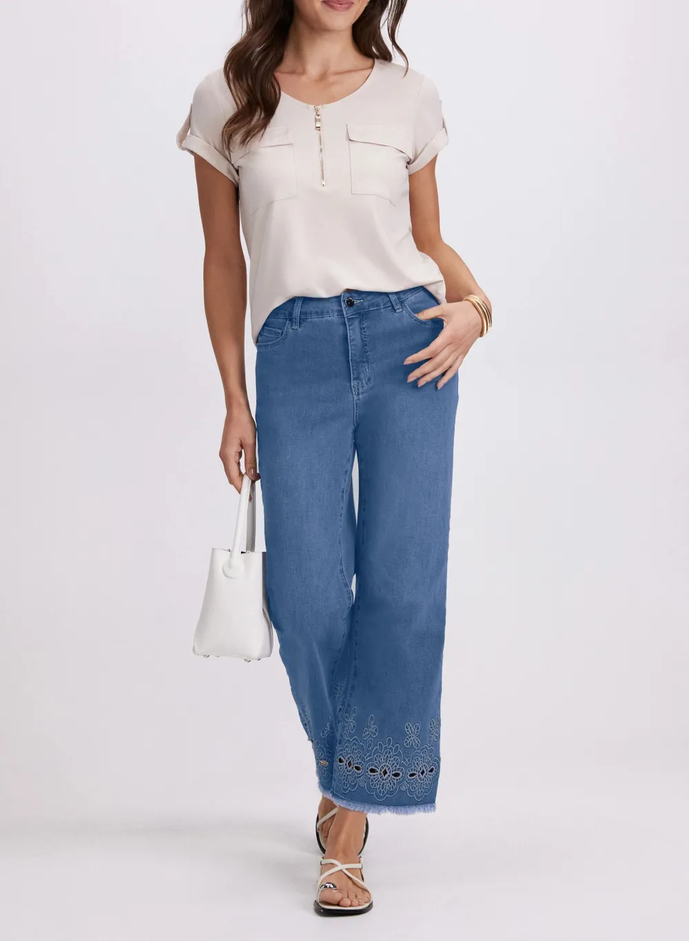 Embroidered Floral Denim Wide-Leg Pants