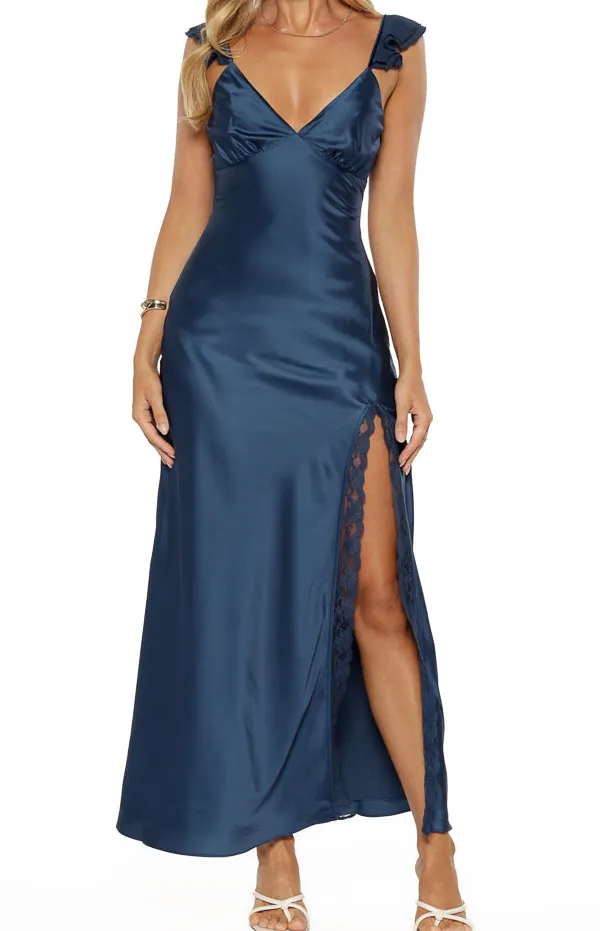 Satin Lace V Neck Frills Maxi Dress