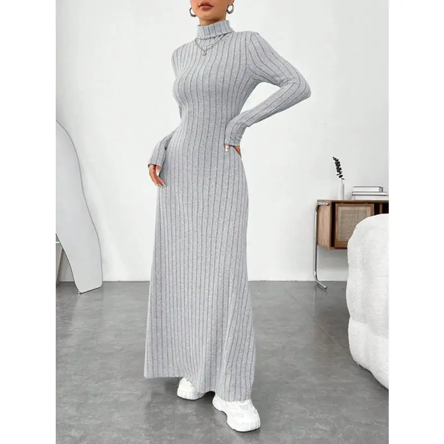 Ribbed Turtleneck Long Sleeve Maxi Knit Dress