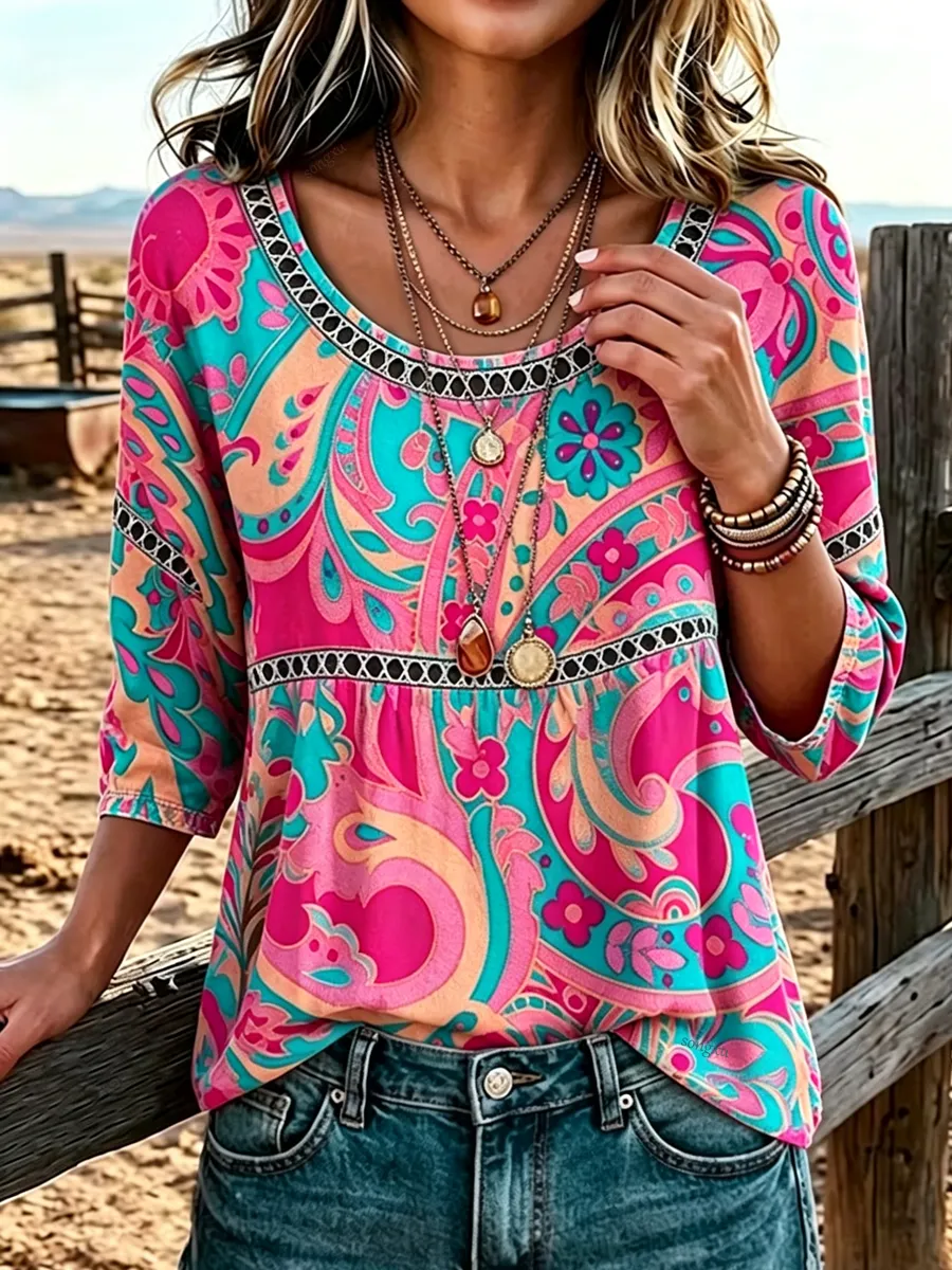 Women'S Casual Printed Hollow Top