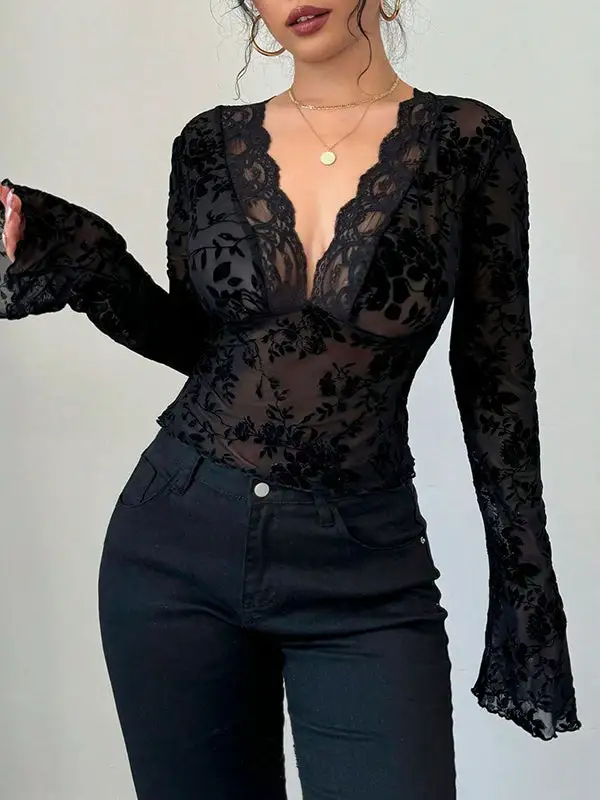 Flared Sleeve Long Sleeve Deep V-Neck T-Shirt