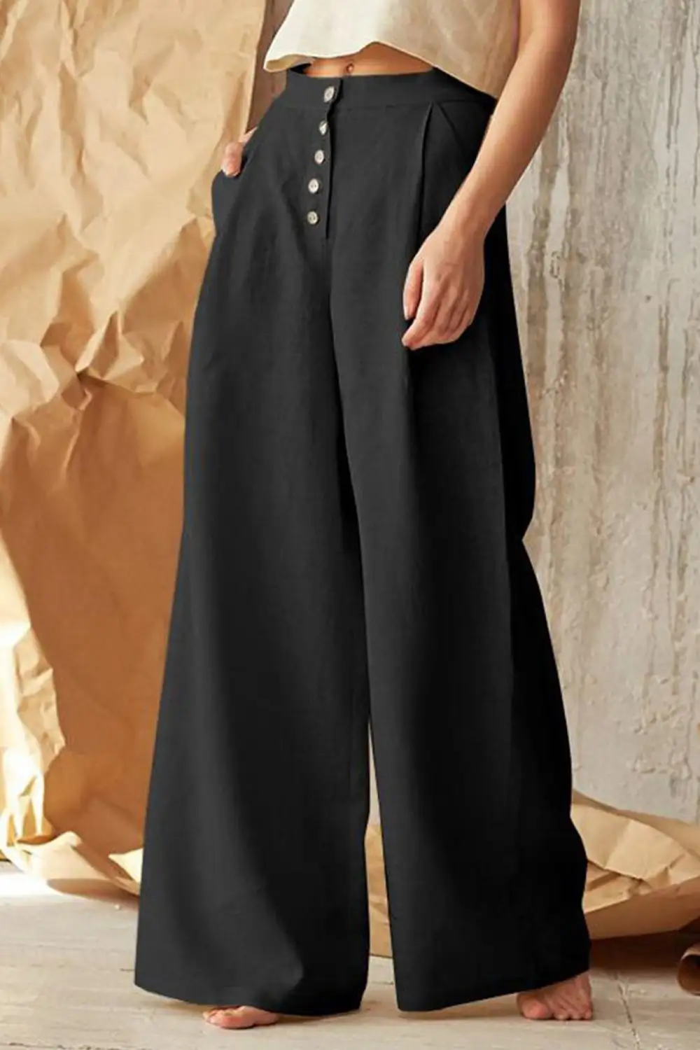 Button Front Wide Leg Pants