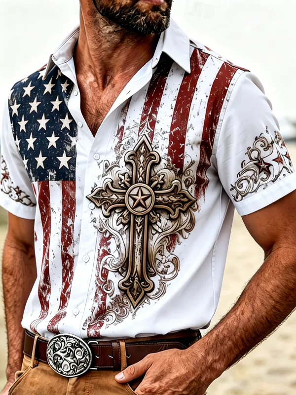 Vintage American Flag Western Cross Button-Down Shirt