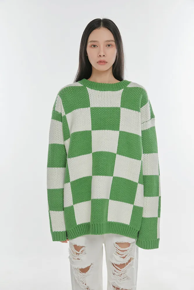 Loose Color Block Plaid Round Neck Knitted Sweater