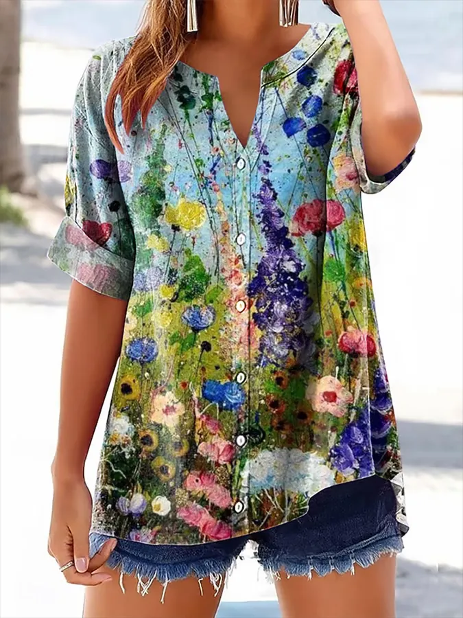 Women's Short-Sleeved Shirt With Floral Prints