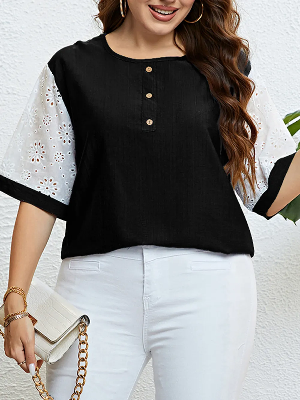 Women Casual Large Size Top With Patchwork Sleeves