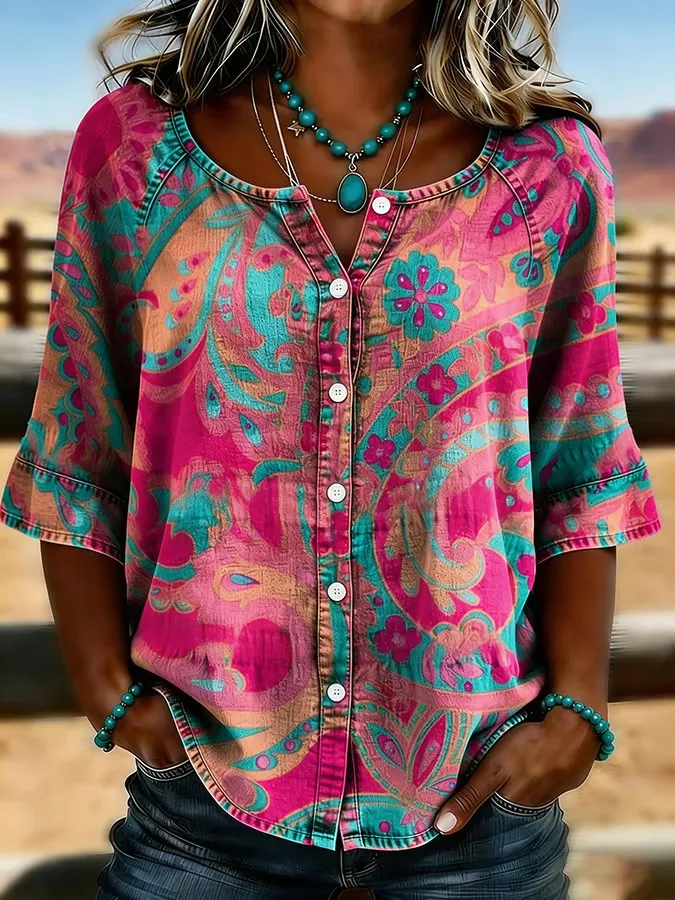 Women's Retro Western Art Printed Casual Top