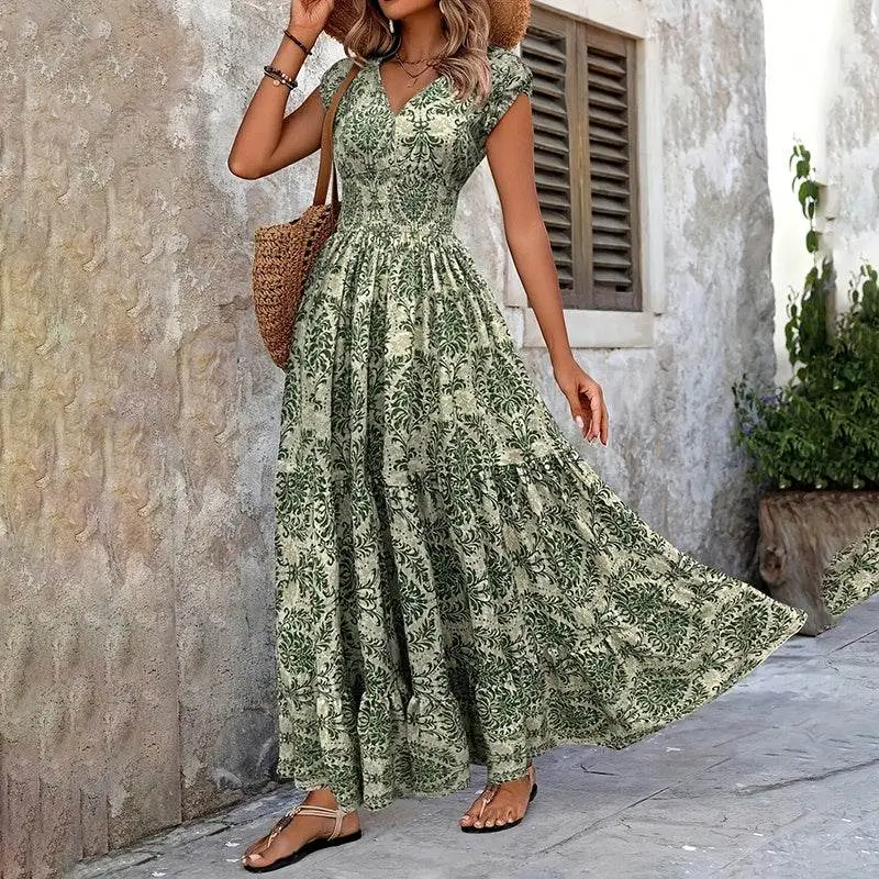 Flowy Printed V Neck Maxi Dress