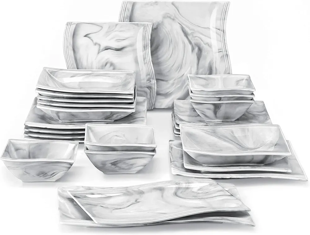 MALACASA Ivory White Dinnerware Sets, 60-Piece Square Dish Set for 12, Porcelain Dishes with Dinner Plates, Dessert Plates and Soup Plates, Cups and Saucers, Modern Dinnerware Oven Safe, Series Flora