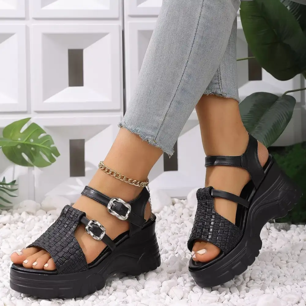 Buttoned Classic Open Toe Wedge Sandals