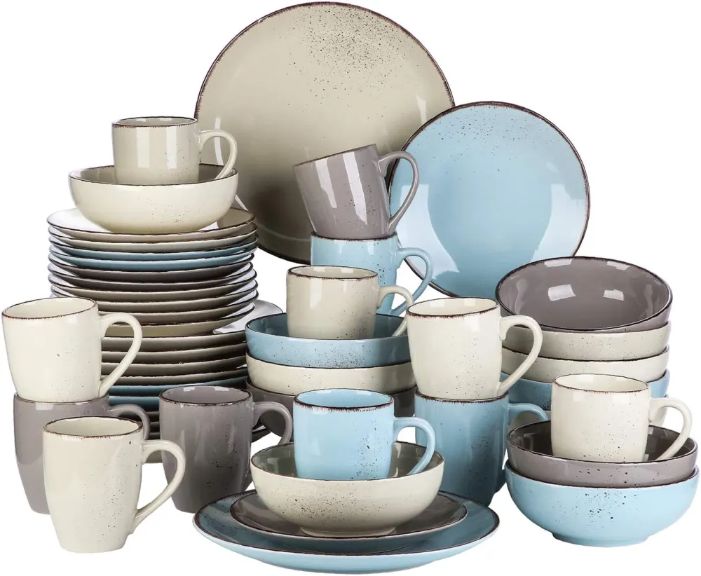 vancasso Navia Ceramic Dinnerware Set, 48 pieces Set of 12 Stoneware Spray Spot Patterned Service Dish with Dinner Plates, Salad Plates, Bowls, Mugs - Grey