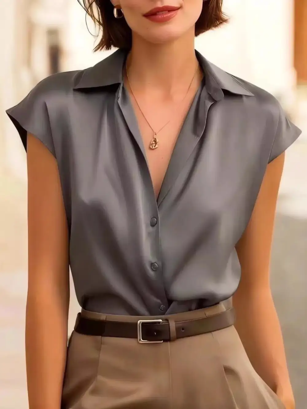 Size Button Up Cap Sleeve Shirt Size