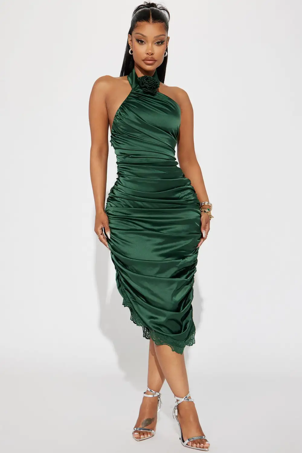 When In Rome Rosette Satin Midi Dress - Hunter