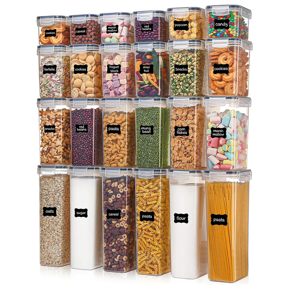 Airtight Food Storage Containers with Lids, 24 pcs Plastic Kitchen and Pantry Organization Canisters for Cereal, Dry Food, Flour and Sugar, BPA Free, Includes 24 Labels