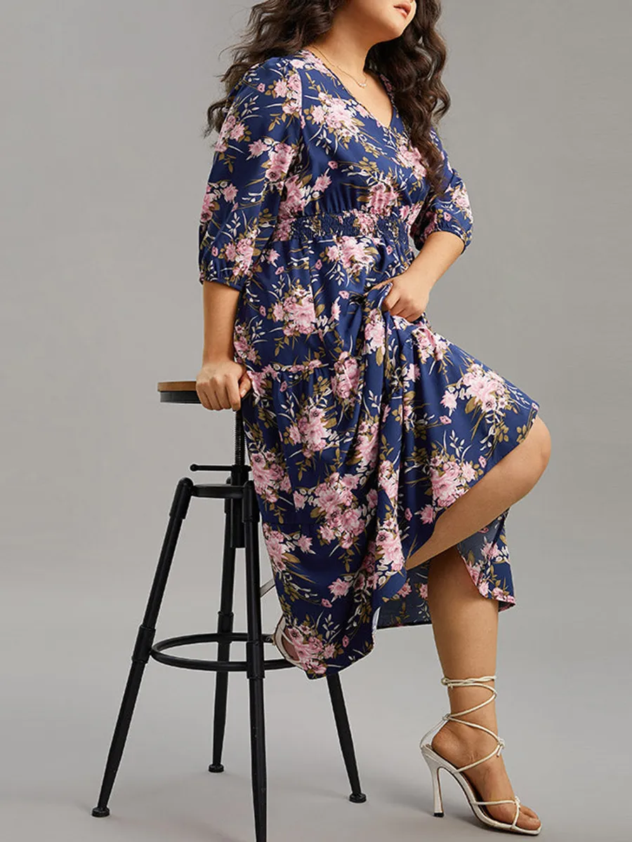 Elegant Senior Waist V-Neck Floral Dress