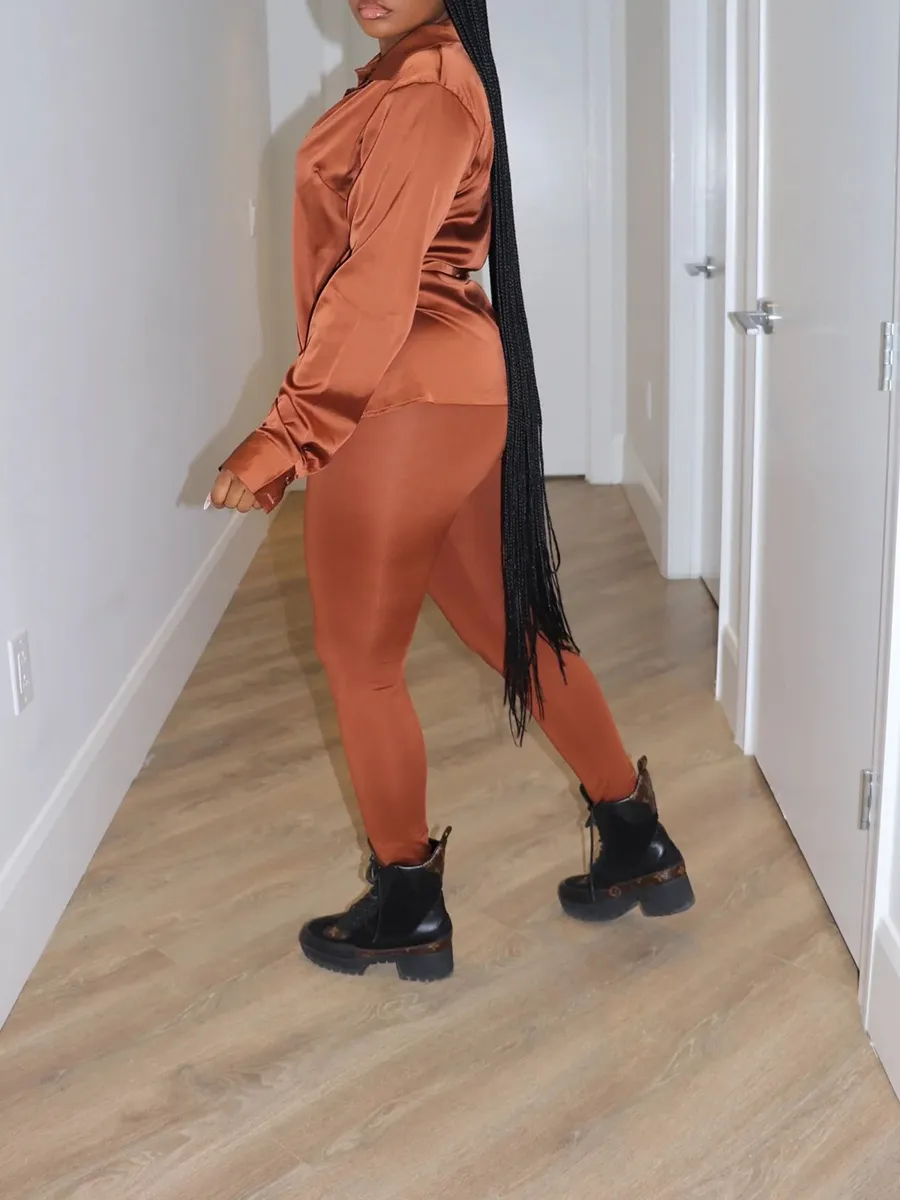 Chocolate Brown Satin Shirt Pants Set