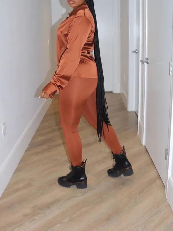 Chocolate Brown Satin Shirt Pants Set