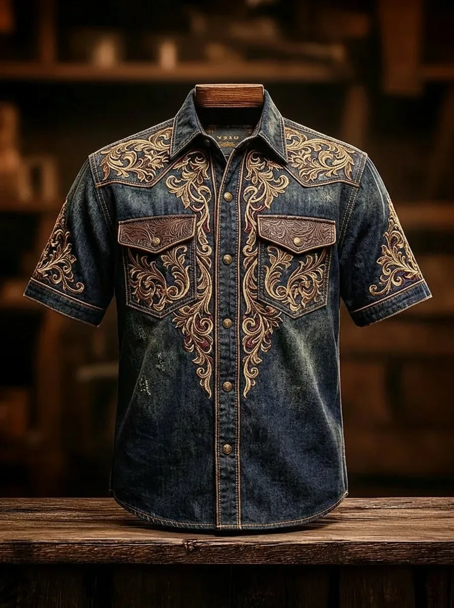 Men's Western Cowboy Floral Embroidery Printed Denim Shirt-3