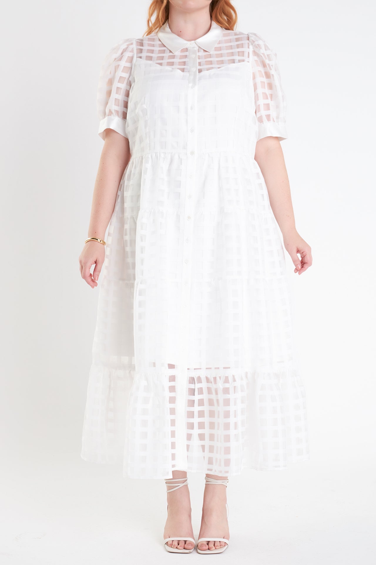 Gridded Organza Tiered Maxi Dress